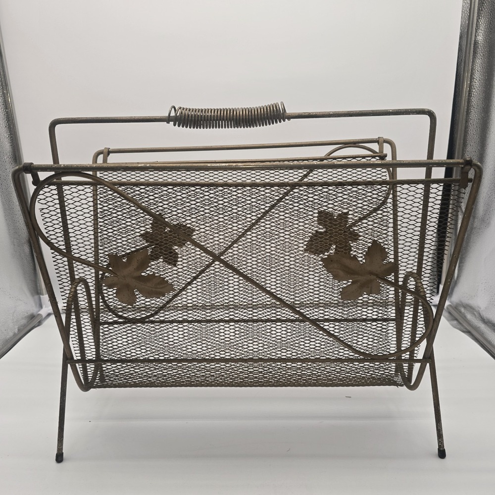 Vtg Mid Century 1960s Leaf & Metal Mesh Magazine Rack Hollywood‎ Regency